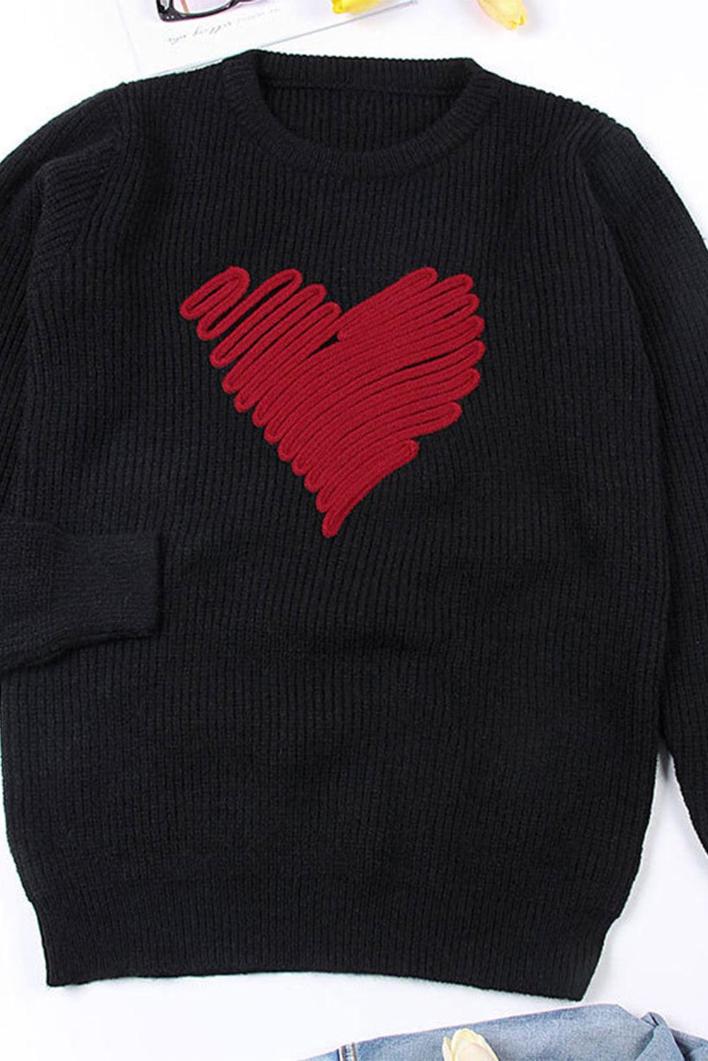 Black Valentines Heart Sketch Round Neck Sweater - L & M Kee, LLC