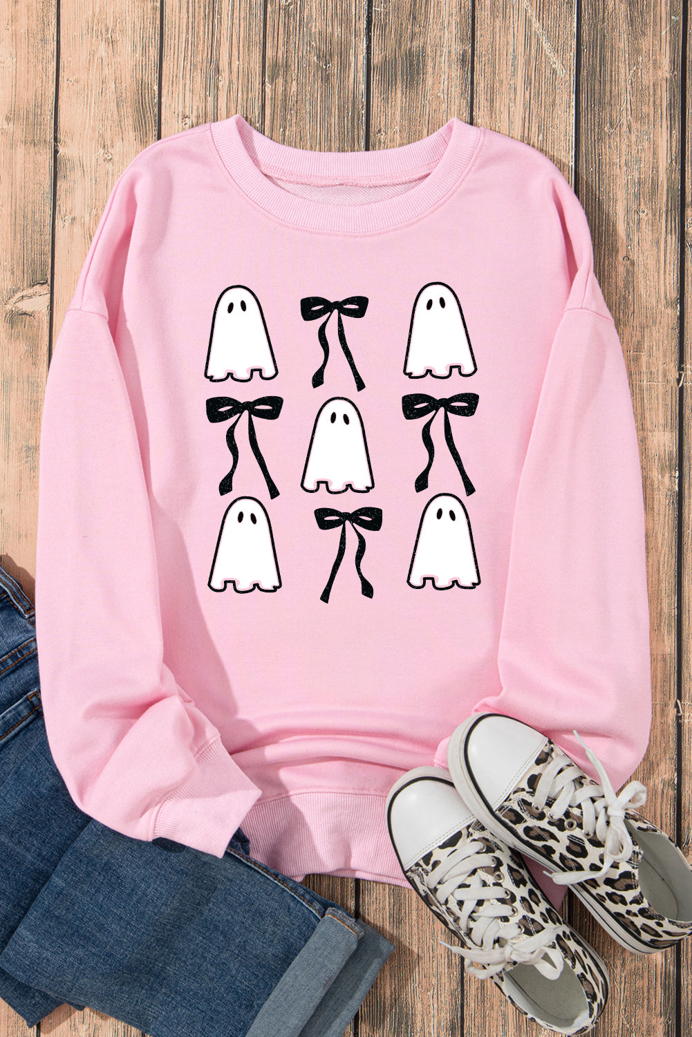 Pink Ghost Bowknot Printed Drop Shoulder Halloween Sweatshirt