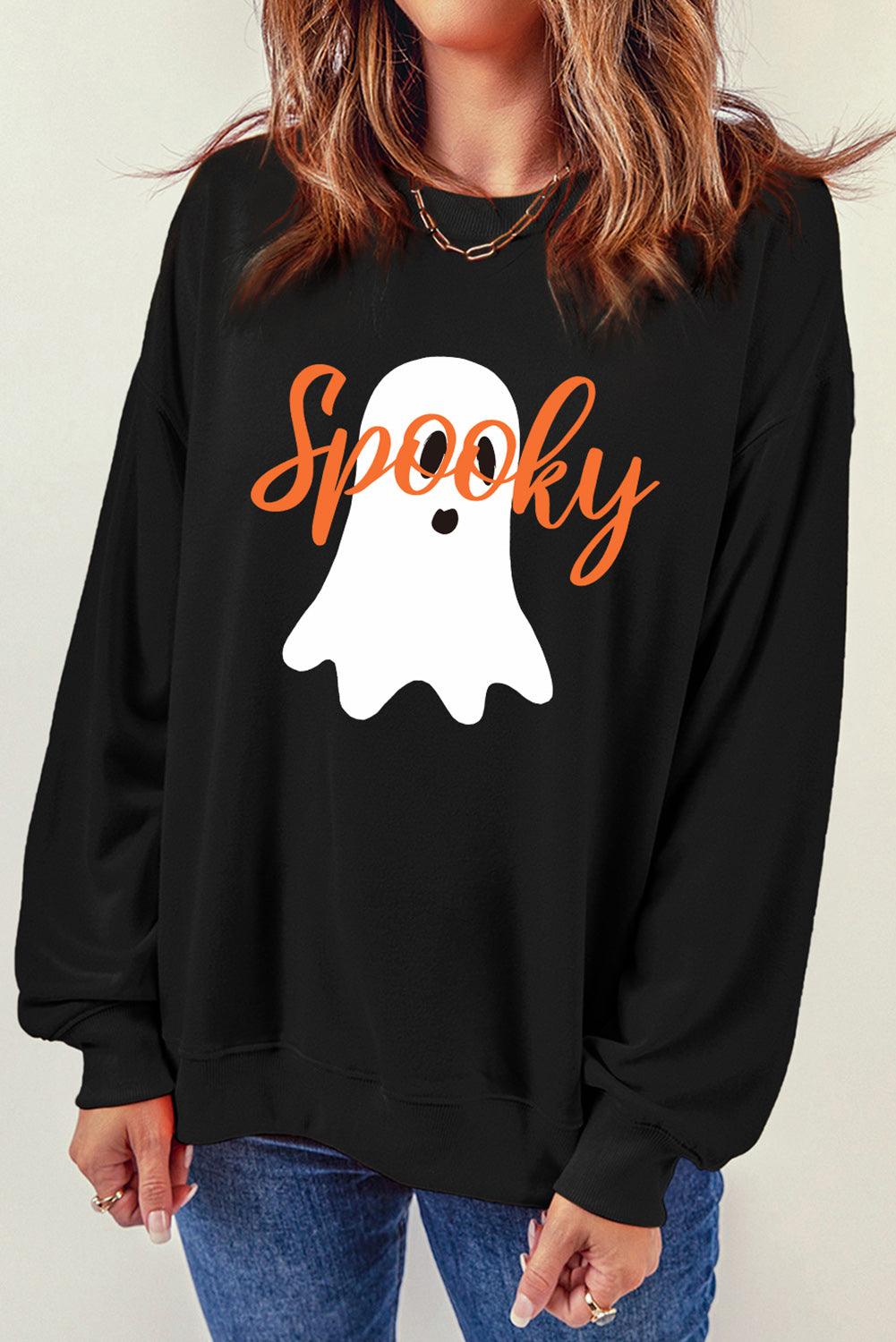 Black Halloween Spooky Ghost Print Crewneck Pullover Sweatshirt - L & M Kee, LLC