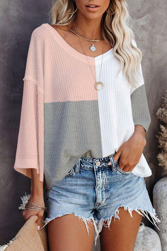 Multicolor Waffle Colorblock Long Sleeve Oversized Top - L & M Kee, LLC