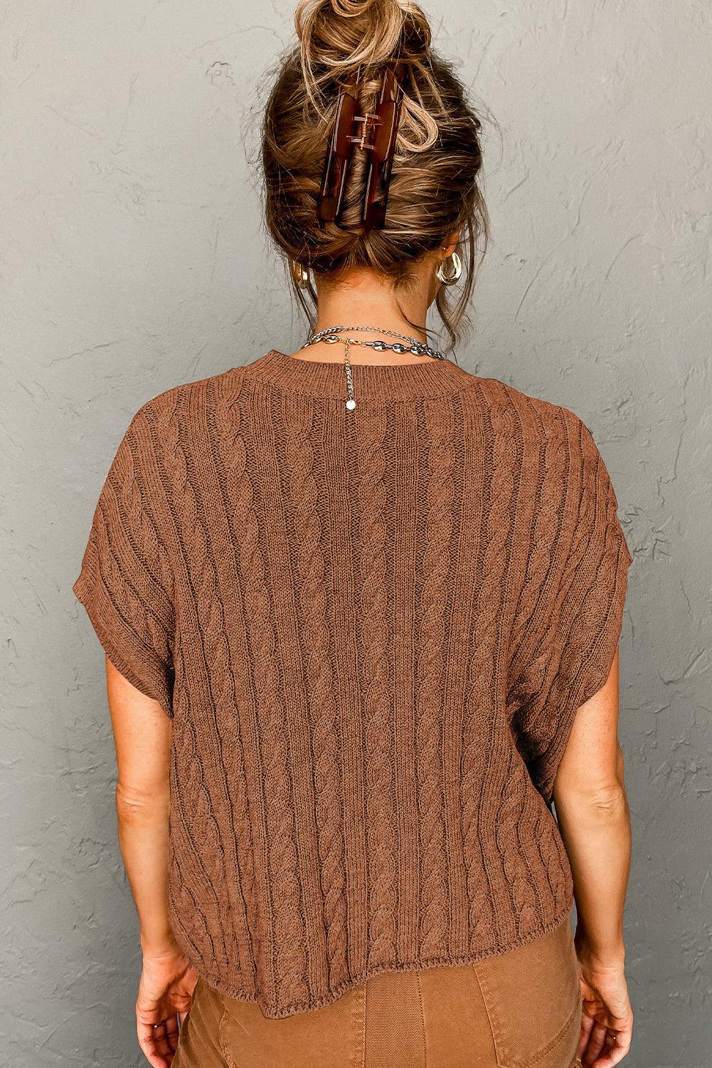 Chestnut Crew Neck Cable Knit Short Sleeve Sweater - L & M Kee, LLC