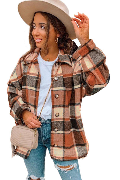 Orange Plaid Print Buttoned Shirt Jacket - L & M Kee, LLC