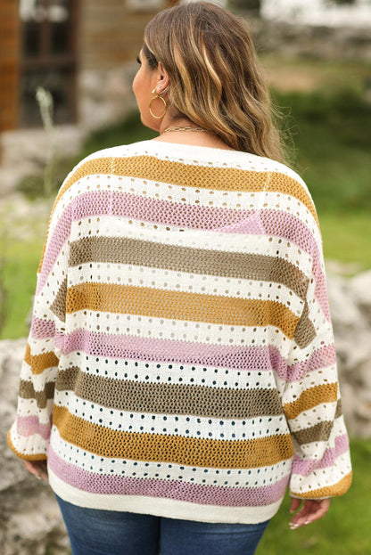 Multicolor Plus Size Striped Hollowed Knitted Loose Sweater - L & M Kee, LLC