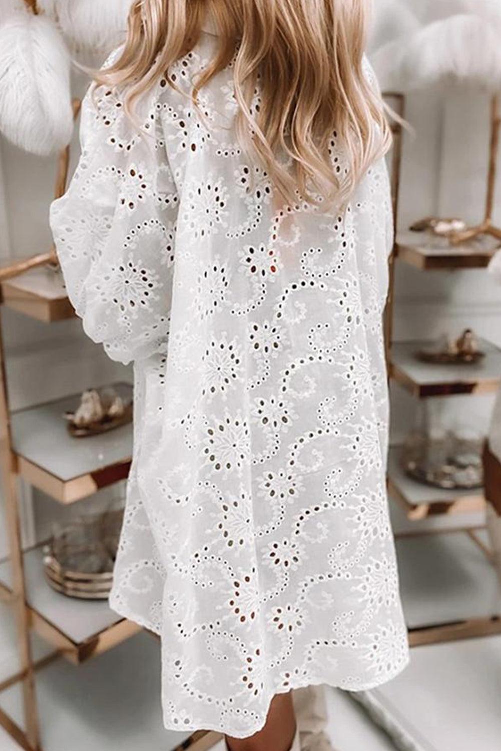 Eyelet Floral Pattern Shirt Babydoll Dress - L & M Kee, LLC