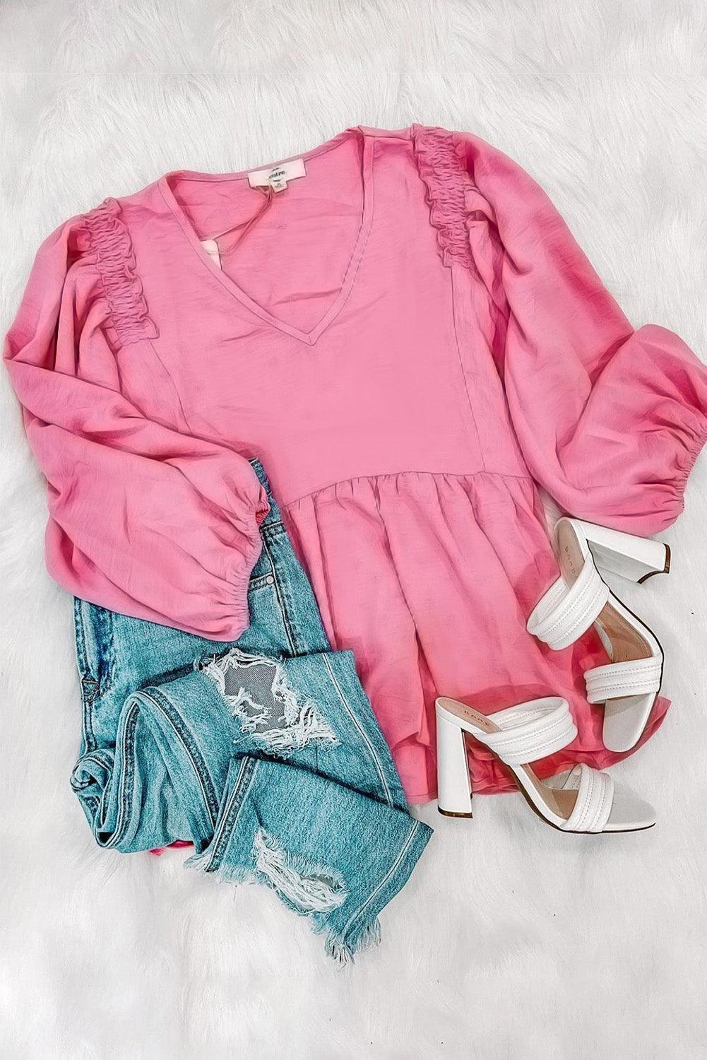 Pink Frilled V Neck Puff Sleeve Babydoll Blouse - L & M Kee, LLC