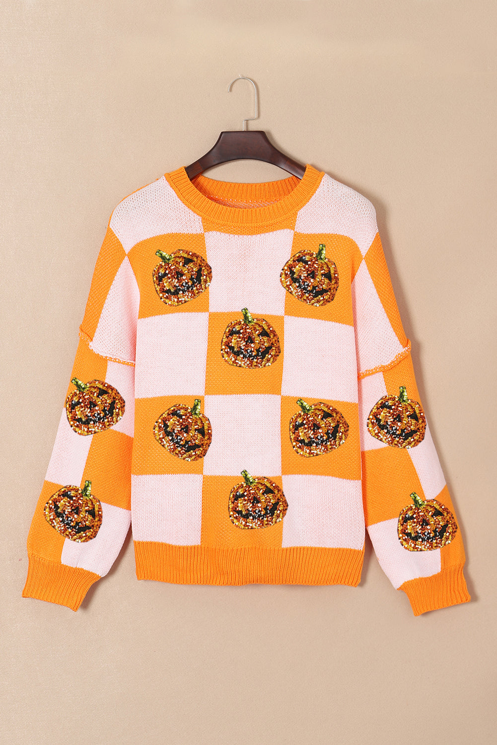 Grapefruit Orange Sequined Halloween Pumpkin Checkered Pattern Puff Sleeve Sweater