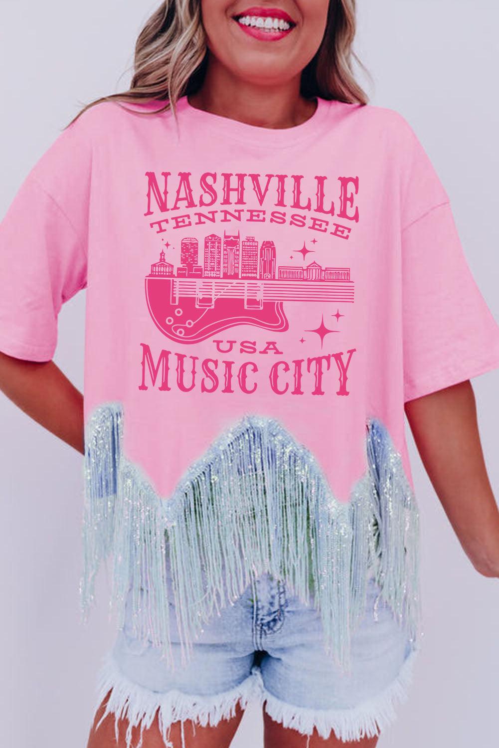 Pink NASHVILE MUSIC CITY Graphic Sequin Fringed Hem Tee - L & M Kee, LLC