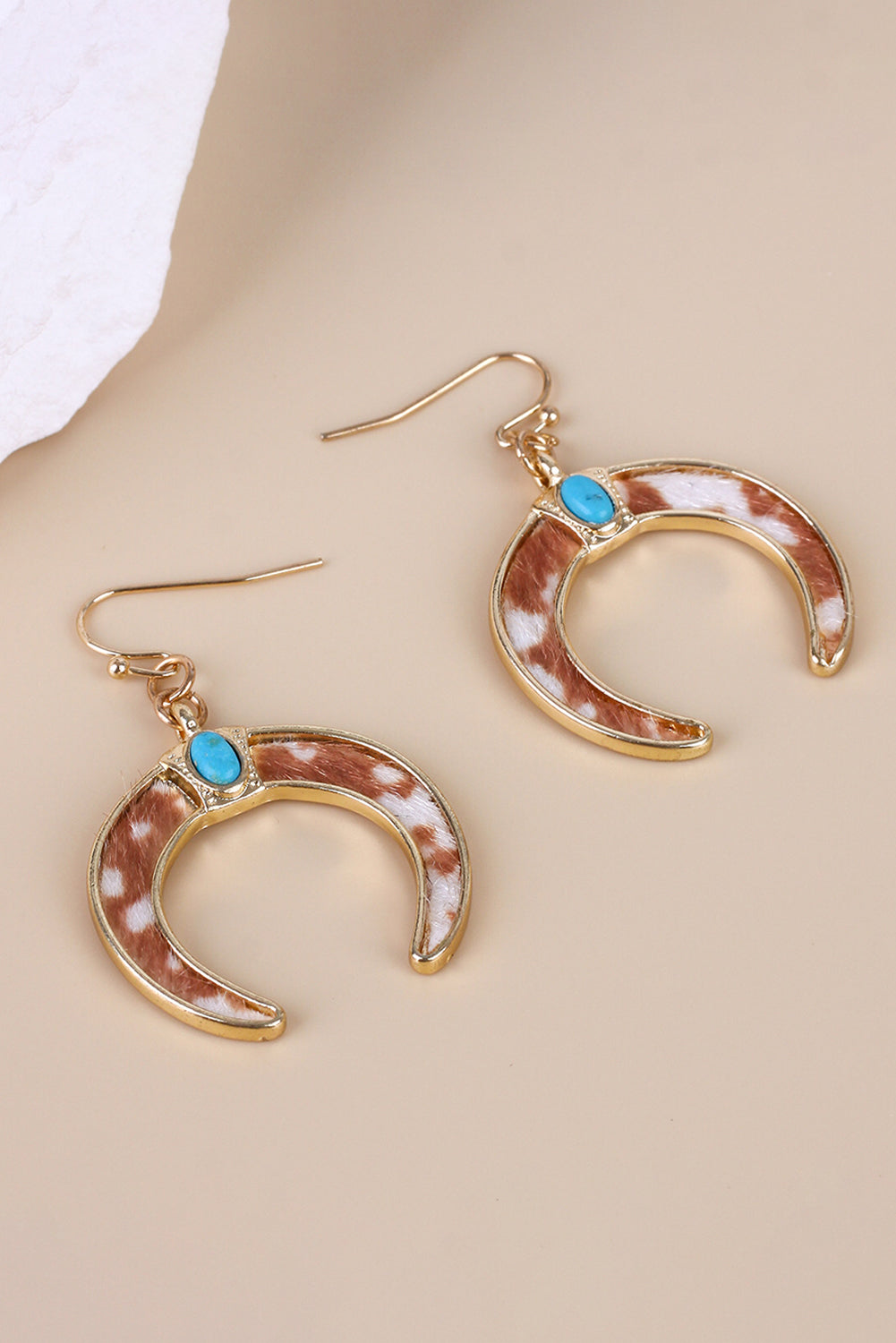 Chestnut Cow Print Turquoise Inlay Crescent Shaped Dangle Earrings