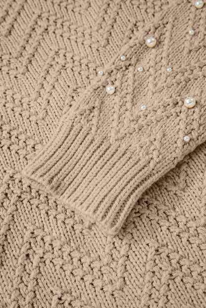 Smoke Gray Pearl Embellished Button Front V Neck Sweater Cardigan