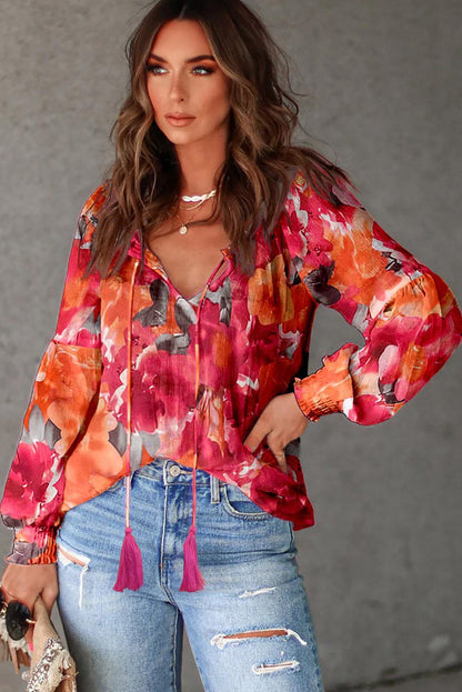 Red Floral Print Split Neck Tassel Tie Blouse - L & M Kee, LLC