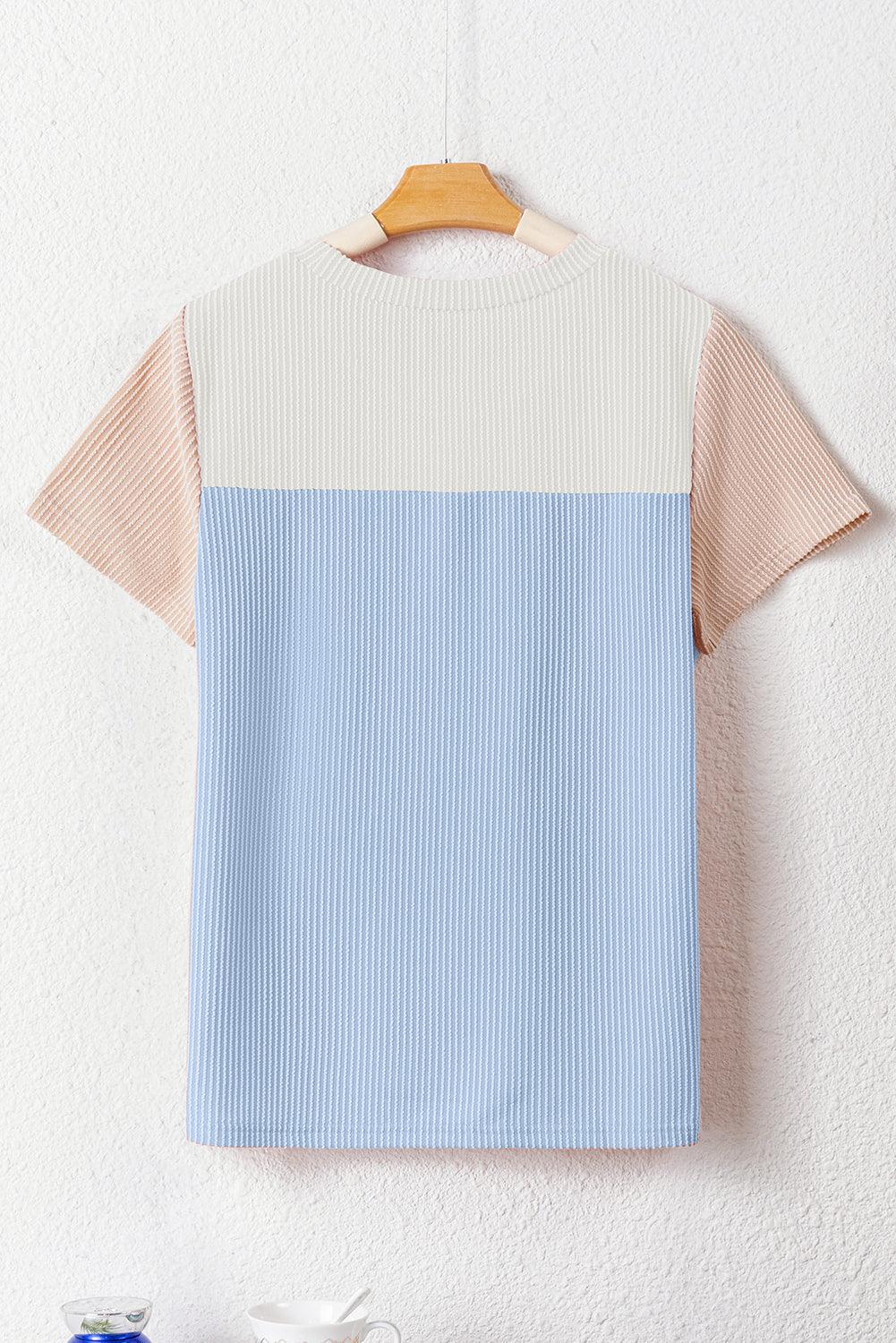 Light Blue Rib Textured Colorblock T Shirt - L & M Kee, LLC
