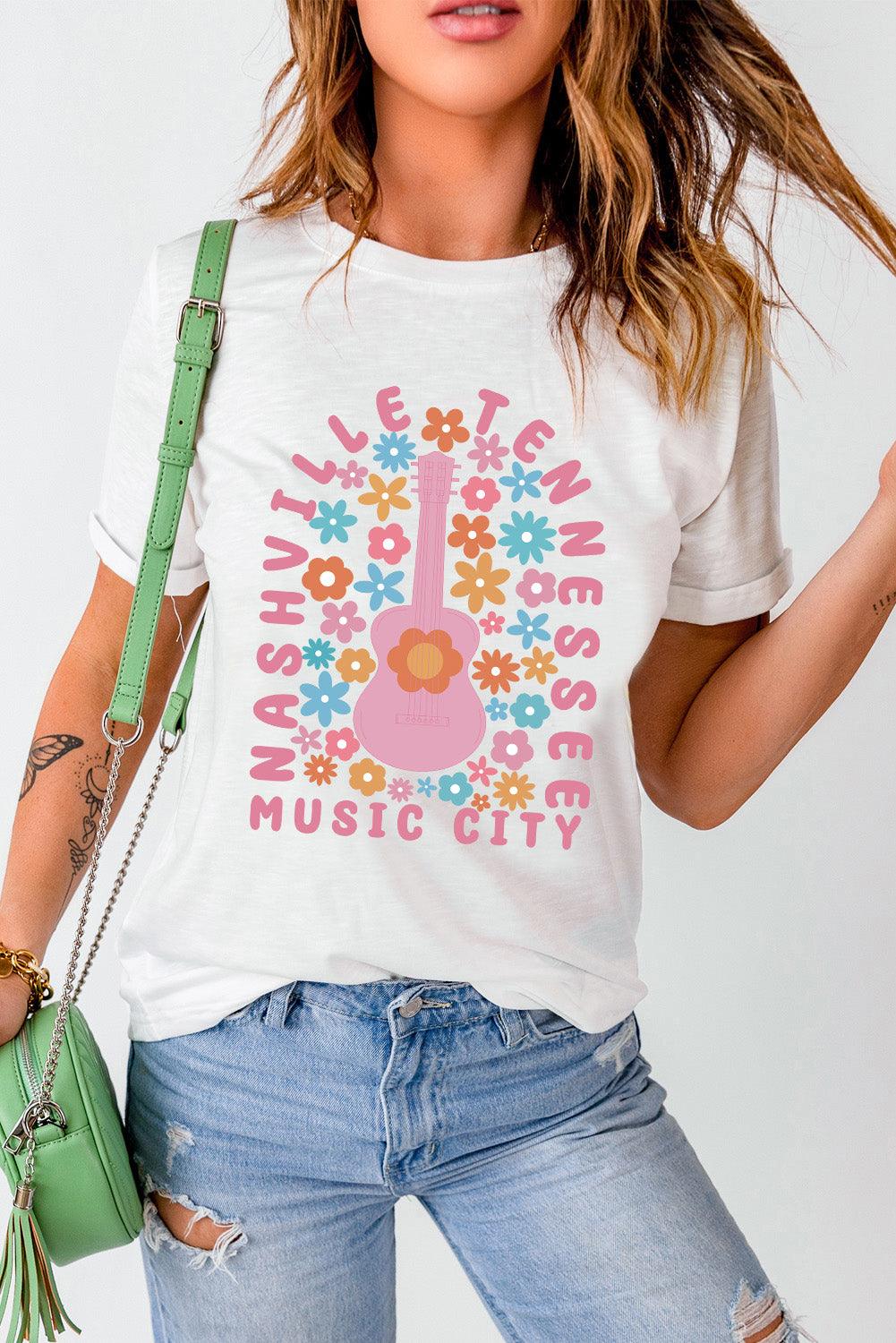 White Floral Guitar NASHVILLE Slogan Graphic T Shirt