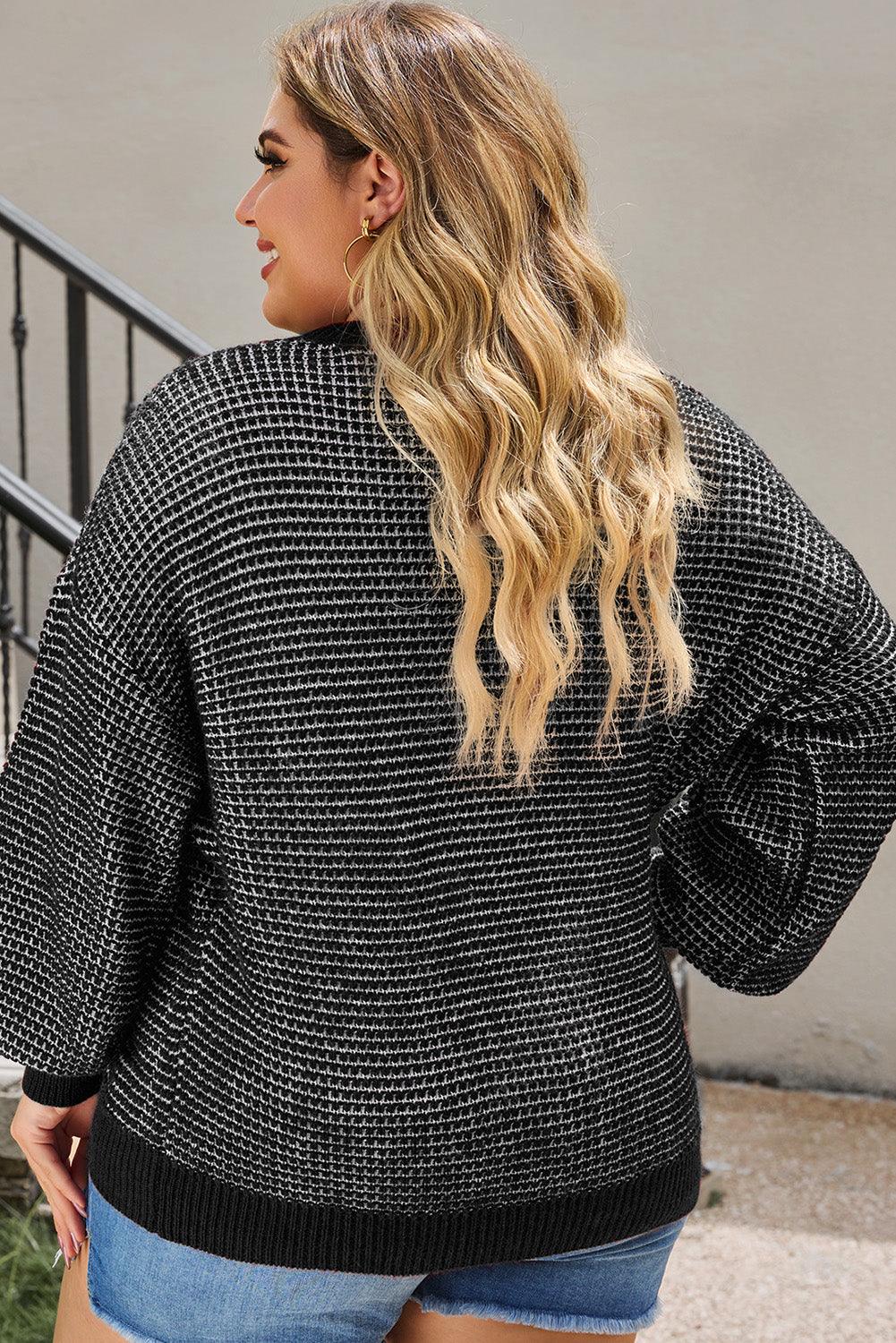 Black Heathered Knit Plus Size Drop Shoulder Sweater - L & M Kee, LLC