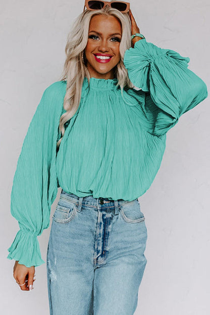 Green Striking Pleated Flared Cuff Long Sleeve Blouse - L & M Kee, LLC