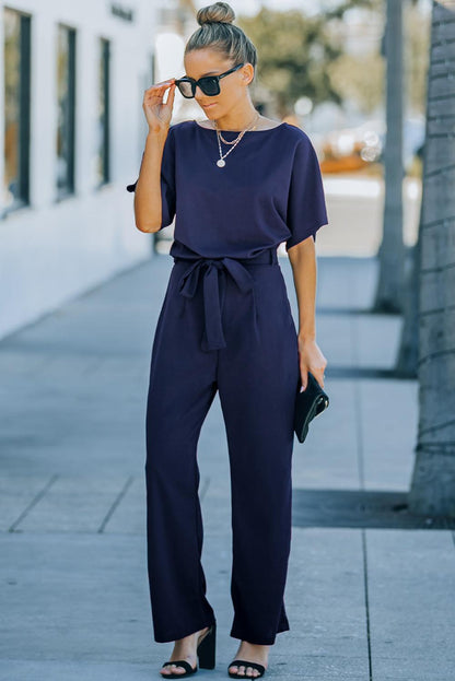 Blue Oh So Glam Belted Wide Leg Jumpsuit - L & M Kee, LLC