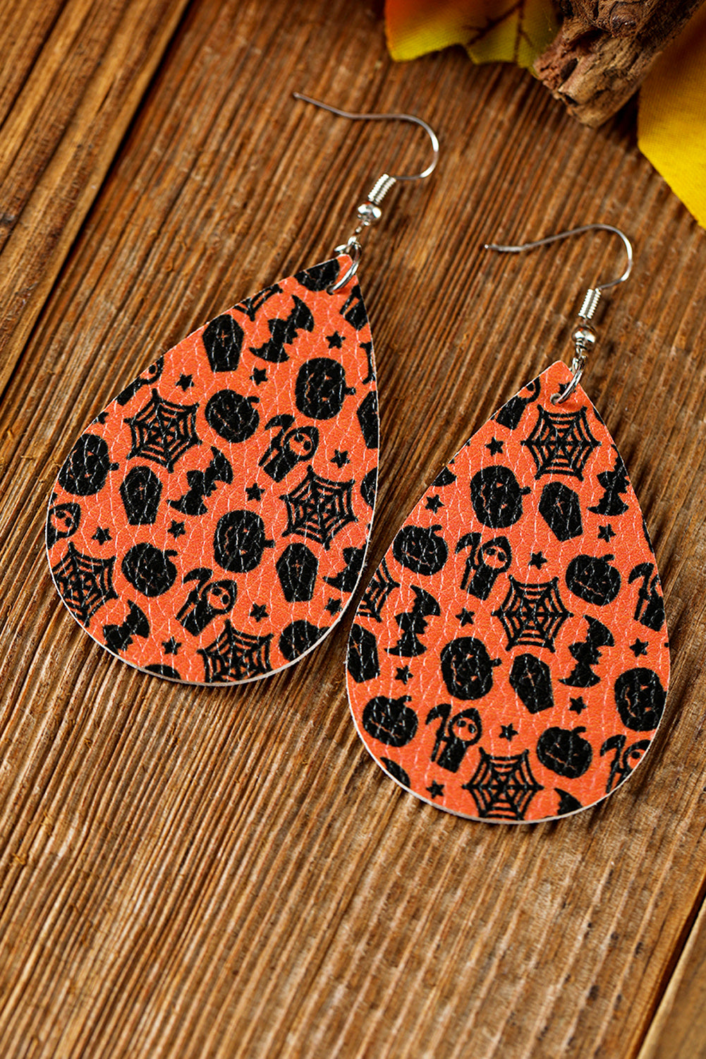 Orange Halloween Pumpkin Spider Web Bat Print Drop Earring