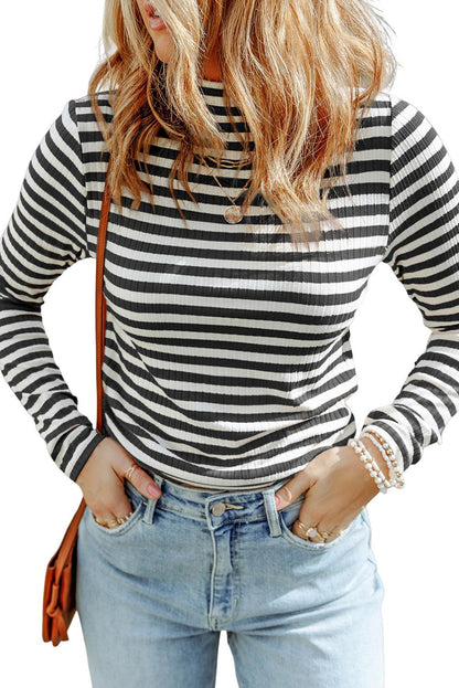 Black Striped Print Textured Knit Long Sleeve Tee - L & M Kee, LLC