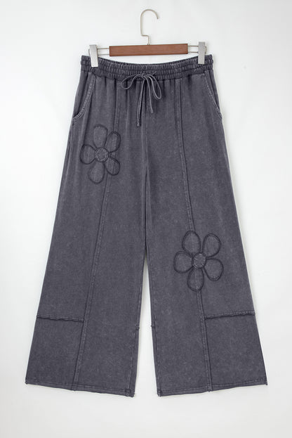 Light Grey Flower Patch Mineral Washed Terry Knit Cropped Wide Leg Pants