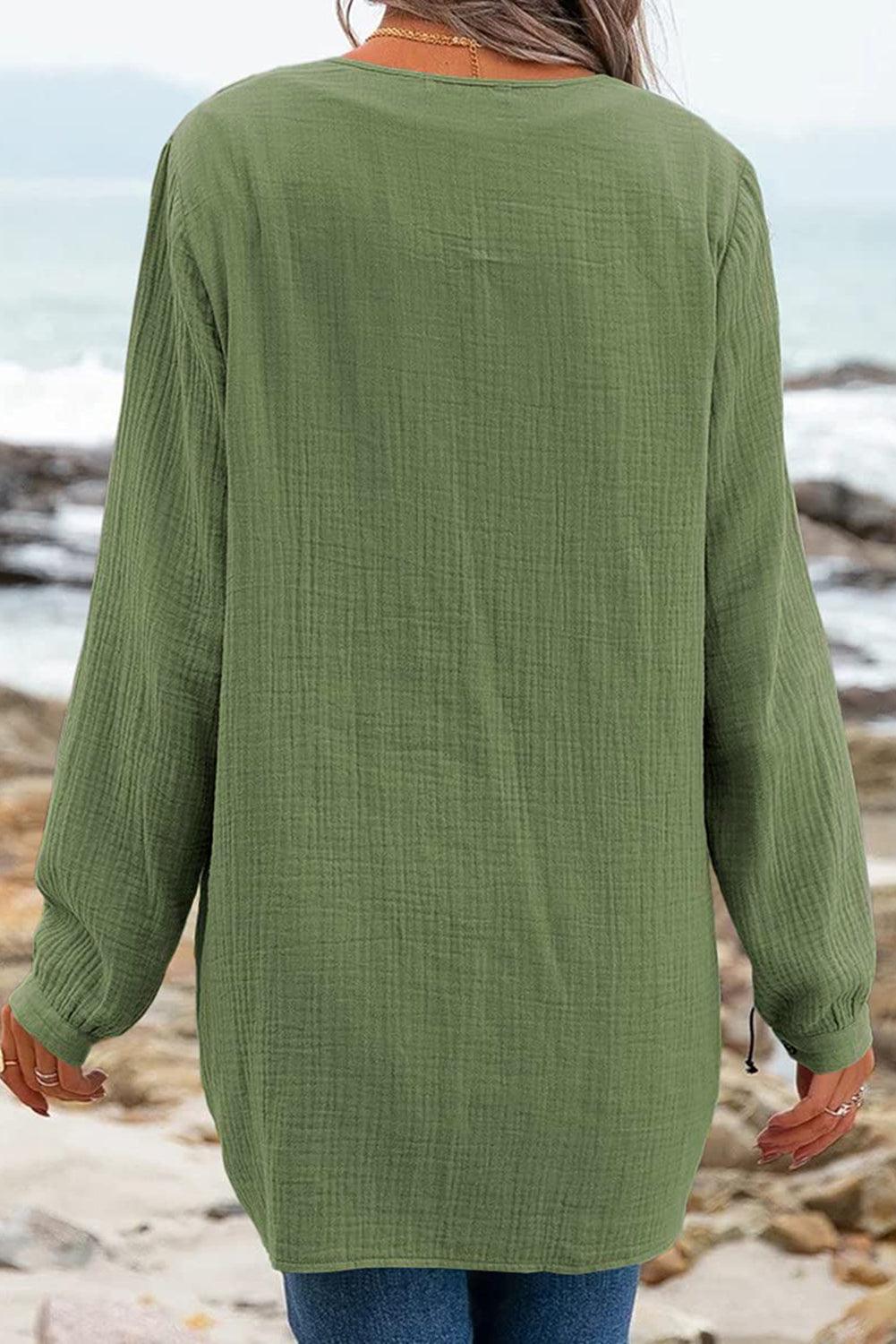 Green Casual Pleated V Neck Textured Loose Top - L & M Kee, LLC