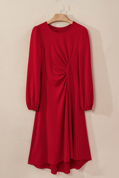 Fiery Red Solid Color Ruched Detail Long Sleeve Midi Dress