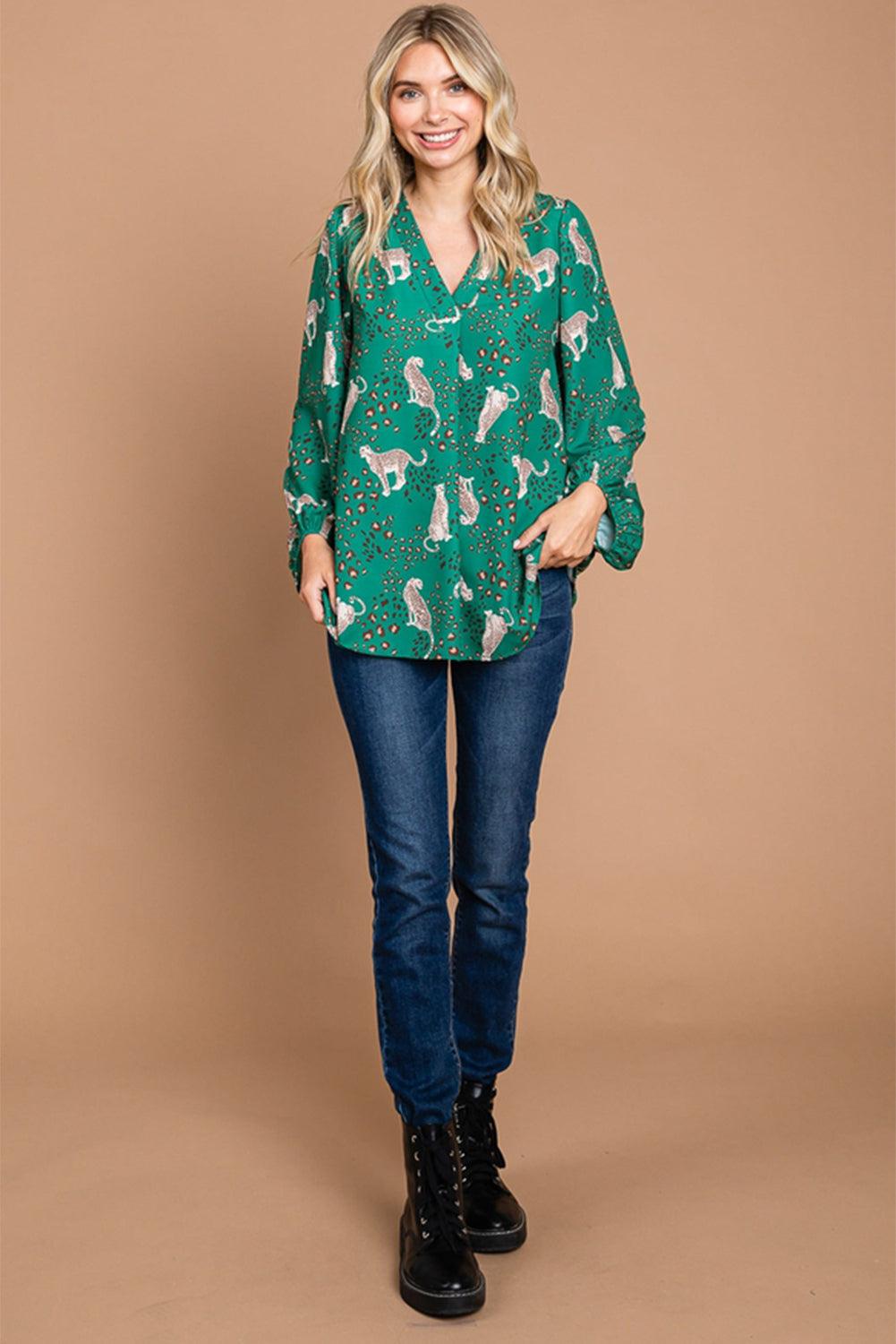 Green Printed Cheetah Print V Neck Flowy Blouse - L & M Kee, LLC