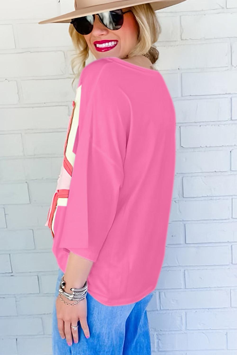 Bonbon Colorblock Star Patched Half Sleeve Oversized Tee - L & M Kee, LLC