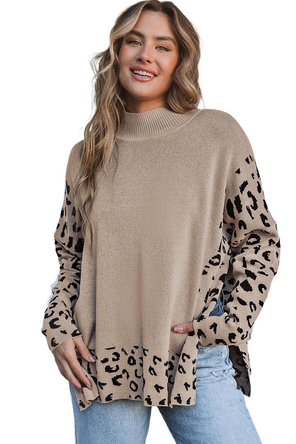 Khaki Leopard High Neck Side Slit Oversized Sweater - L & M Kee, LLC