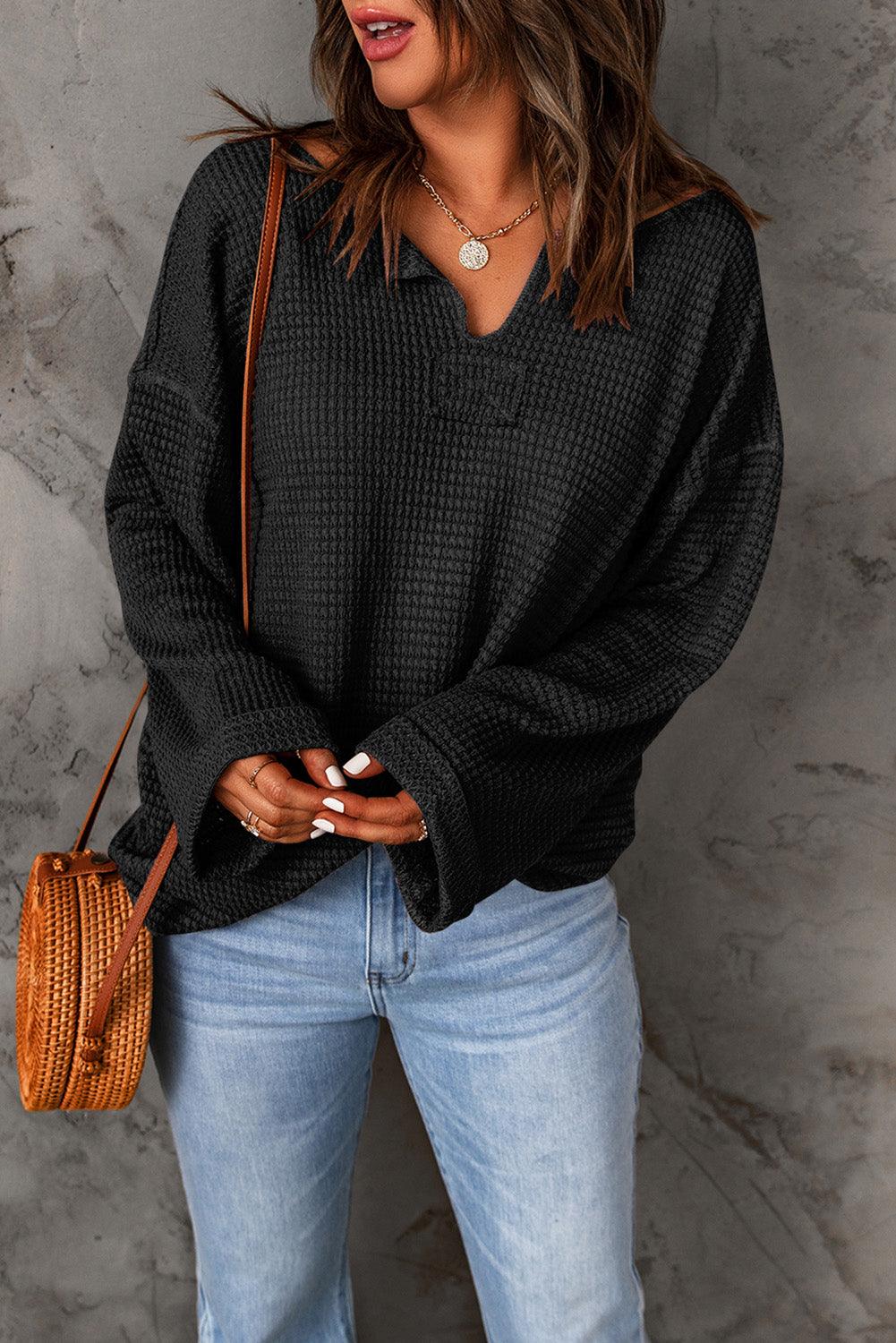 Black Waffle Knit Loose Long Sleeve Top - L & M Kee, LLC