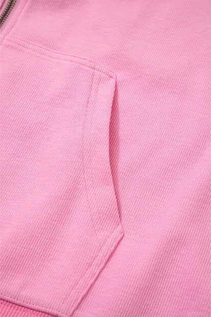 Sachet Pink Solid Color Ribbed Zip Up Drawstring Hooded Jacket