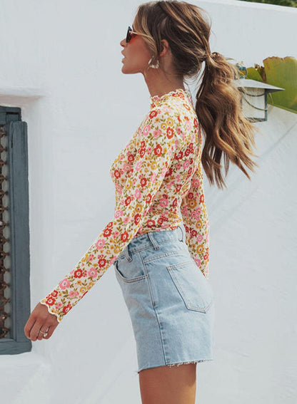 Multicolor Floral Lettuce Hem Long Sleeve Top - L & M Kee, LLC