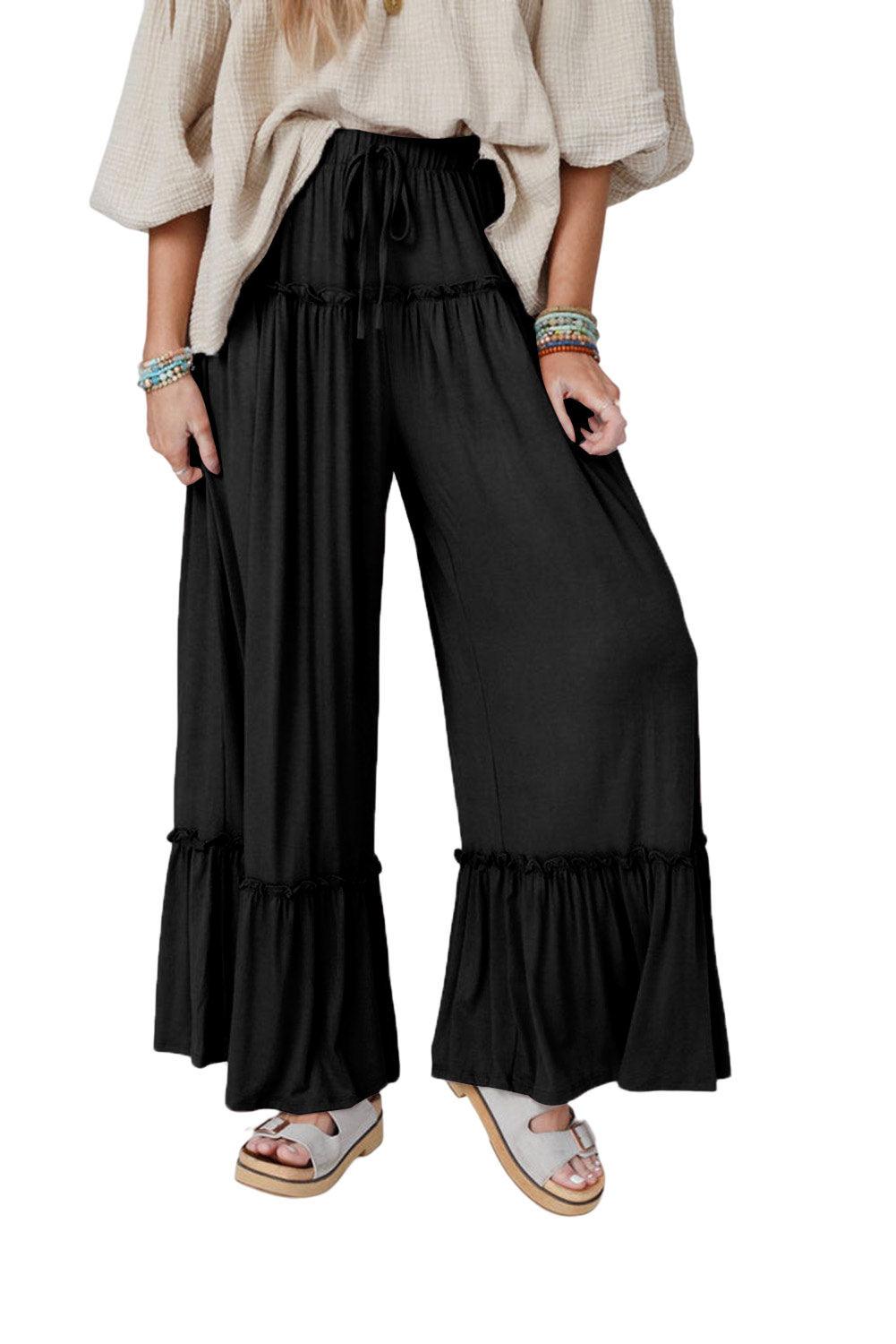 Black Frilled Drawstring High Waist Wide Leg Pants - L & M Kee, LLC