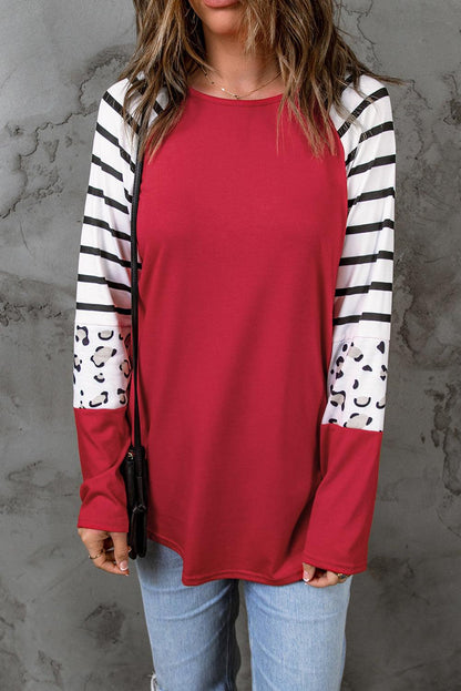 Black Striped Animal Print Colorblock Long Sleeve Top - L & M Kee, LLC