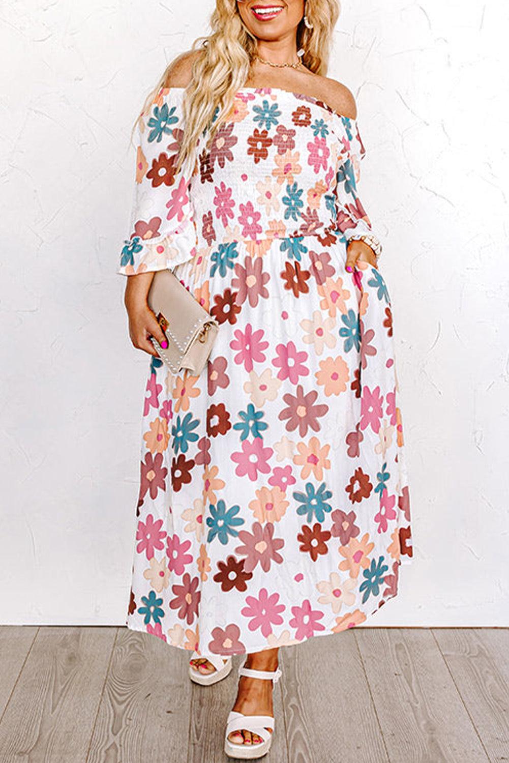 White Plus Size Flower Print Smocked Off Shoulder Dress - L & M Kee, LLC