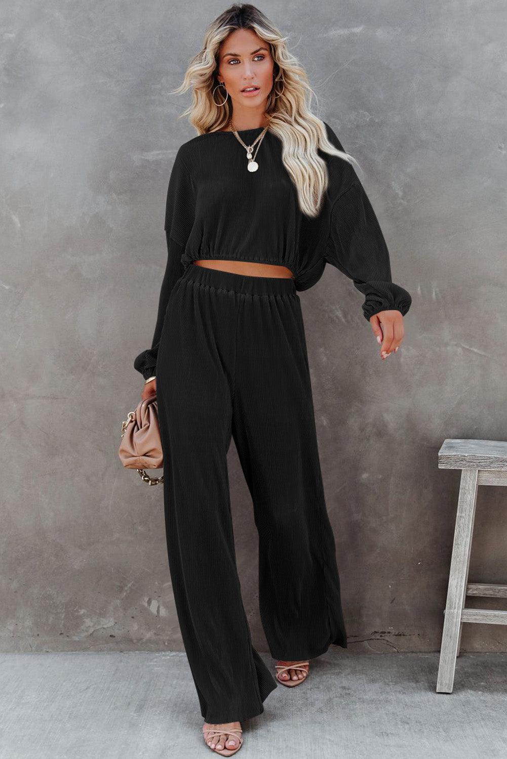 Black Corded Cropped Pullover and Wide Leg Pants Set - L & M Kee, LLC