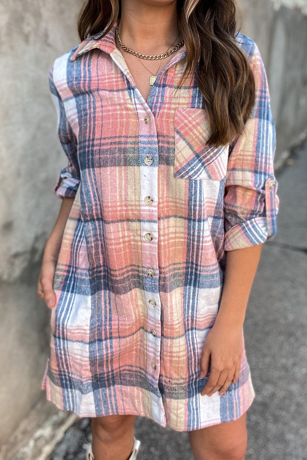 Plaid Roll-tab Sleeve Side Slit Shirt Dress - L & M Kee, LLC