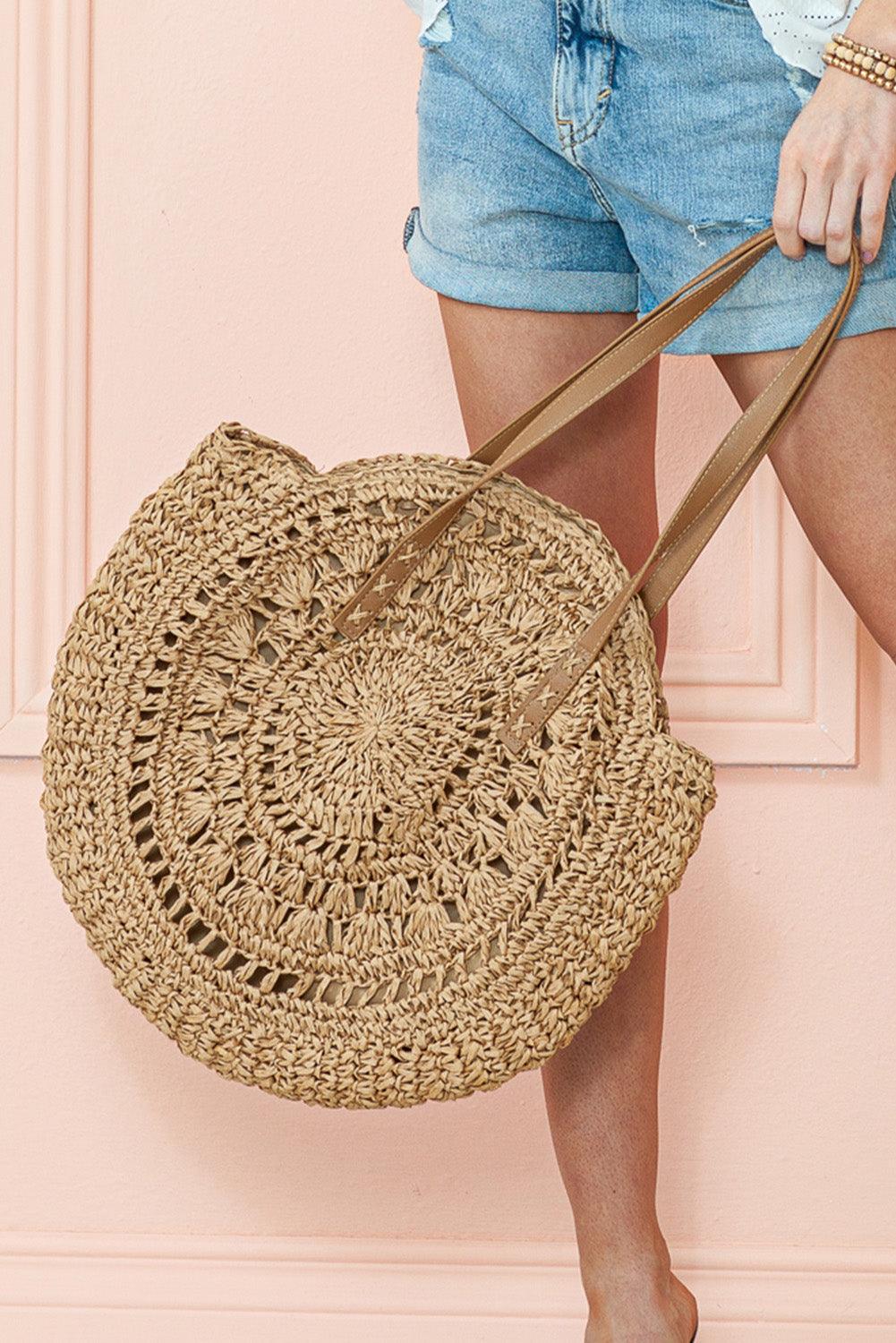 Camel Bohemian Straw Woven Round One Shoulder Bag