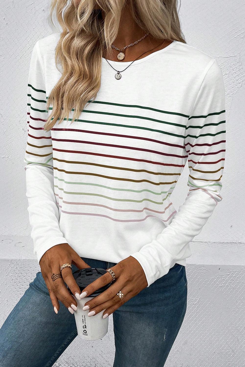 Multicolor Striped Crew Neck Long Sleeve Top - L & M Kee, LLC