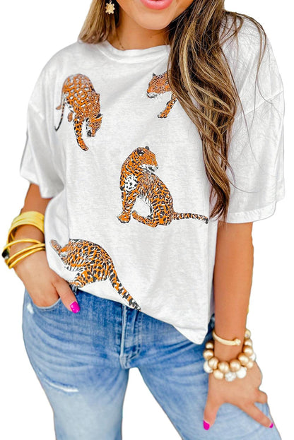 White Leopard Print Drop Shoulder Casual T Shirt - L & M Kee, LLC