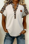 Beige Leopard Patchwork Half Button Short Sleeve Top