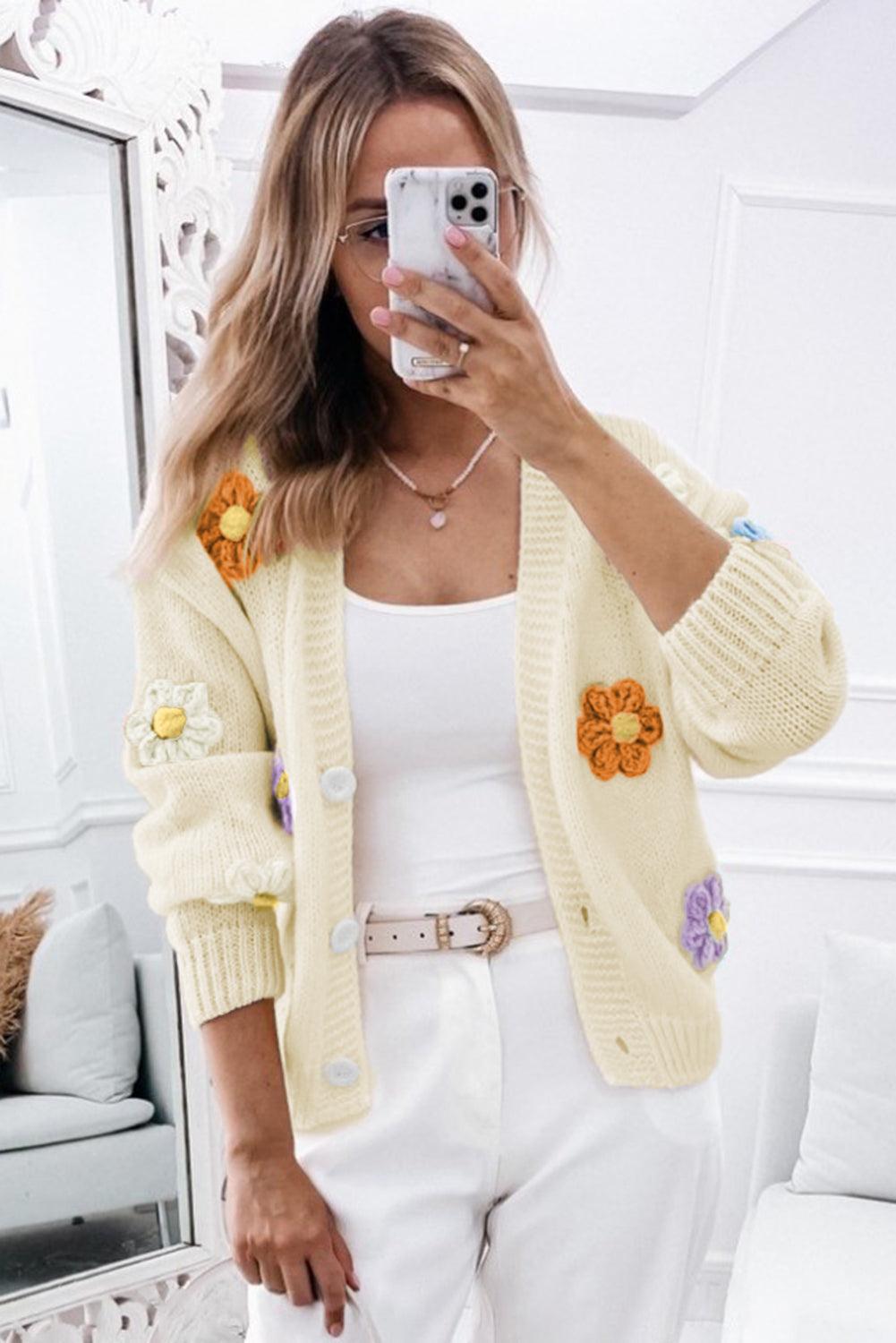 Beige Cute Flower Embellished Buttoned Cardigan Sweater - L & M Kee, LLC