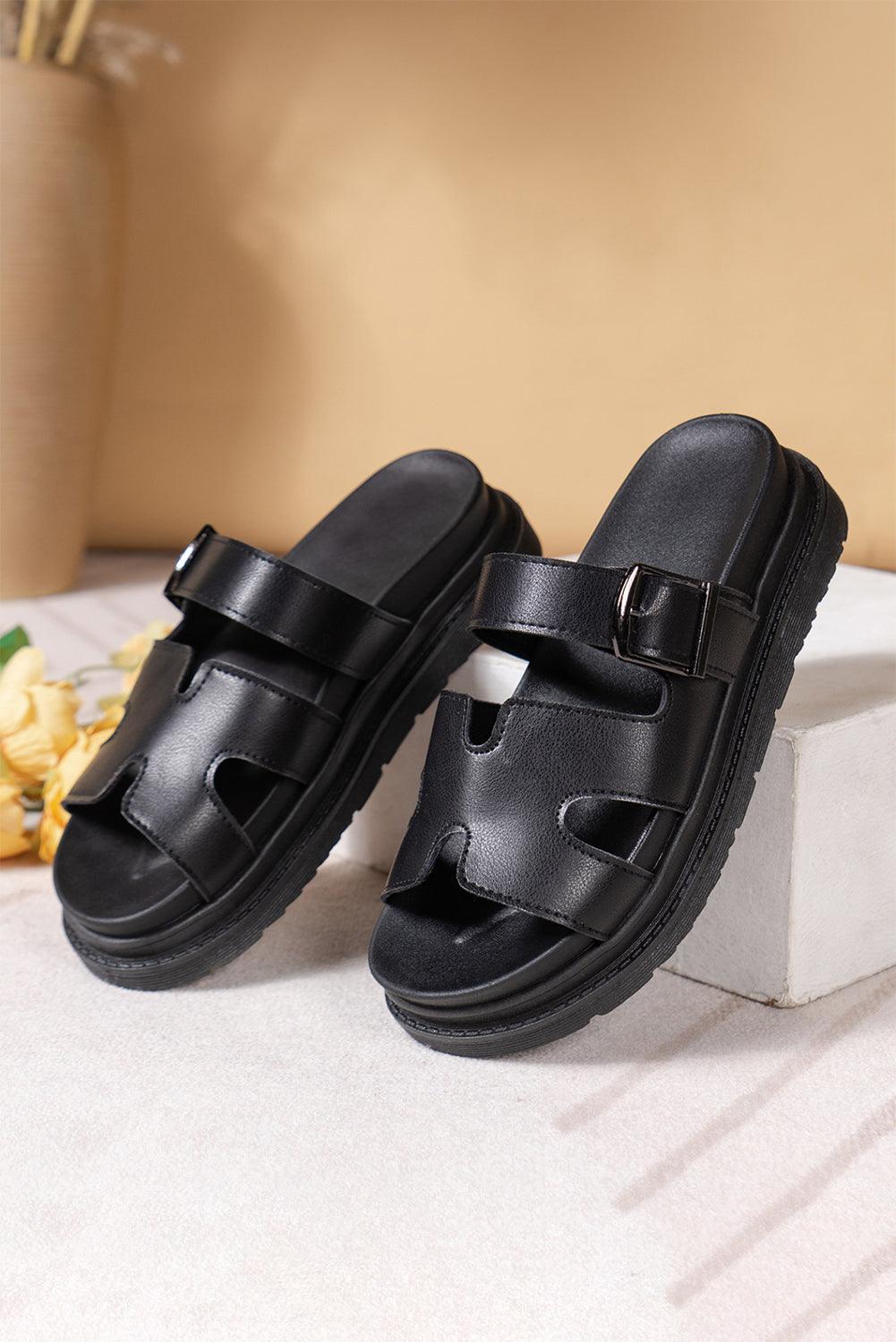 Black Hollow Out Buckle Strap Beach Slippers