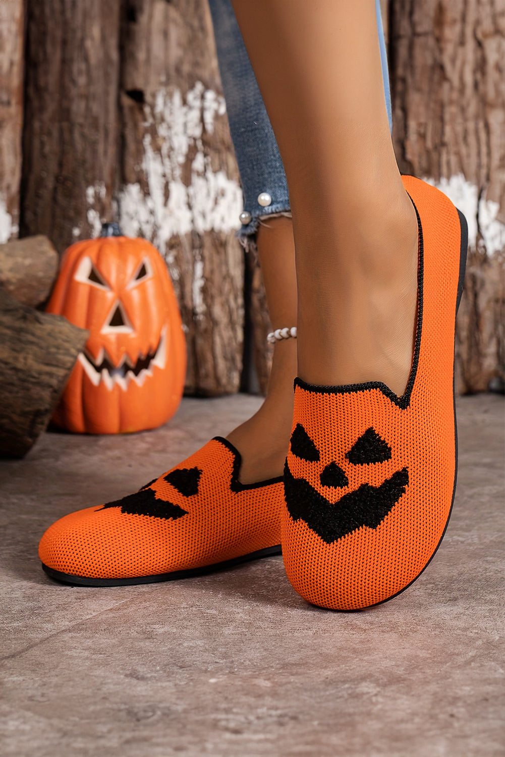 Orange Halloween Pumpkin Face Slip On Flats