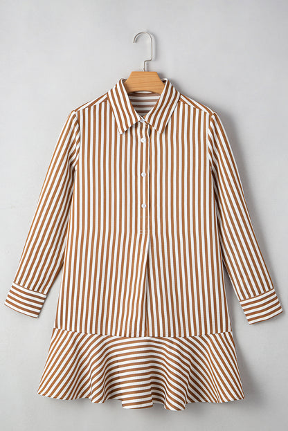 Brown Stripe Ruffled Hem Collared Long Sleeve Shirt Mini Dress