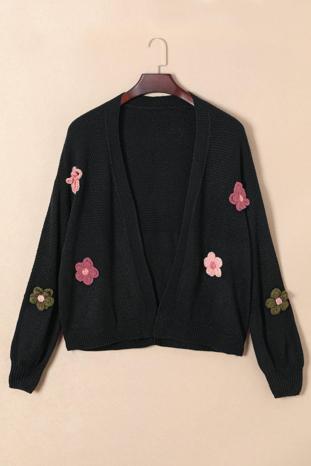 Black Floral Applique Drop Shoulder Bubble Sleeve Cardigan - L & M Kee, LLC