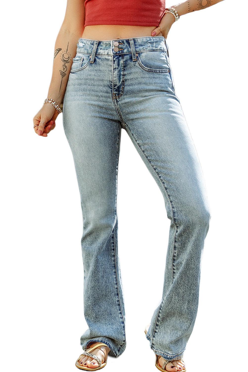 Sky Blue Subtle Ripped Detail Flare Bottom Jeans - L & M Kee, LLC