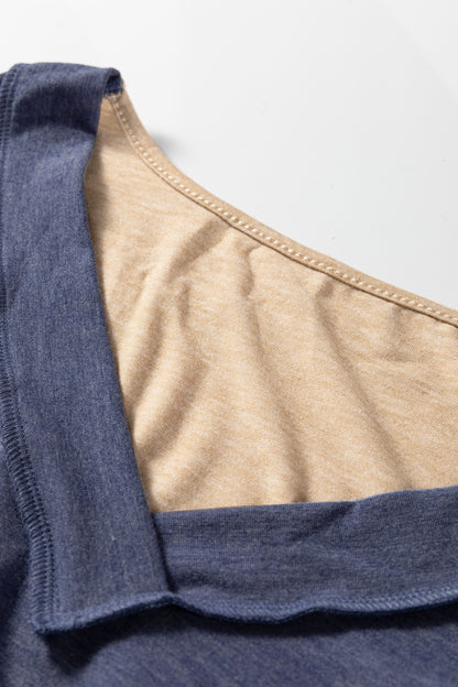 Sail Blue Exposed Stitching Colorblock V Neck Long Sleeve Top