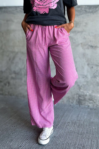 Pink Plaid Print Drawstring High Waist Wide Leg Casual Pants