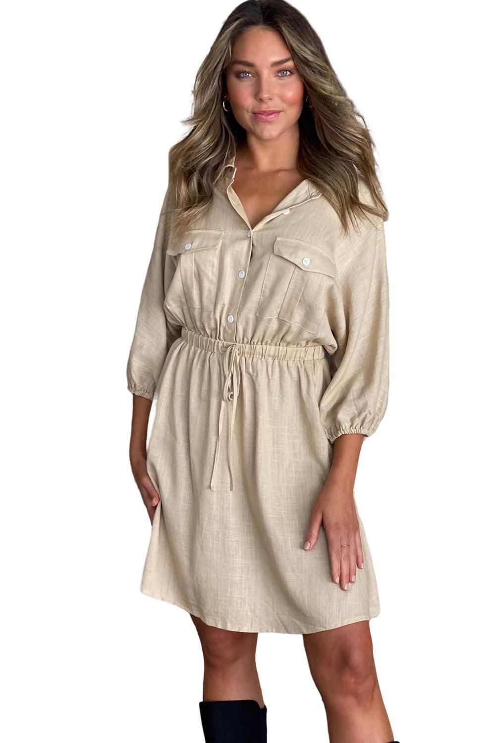 Apricot Drawstring High Waist Chest Pockets Buttoned Mini Dress - L & M Kee, LLC