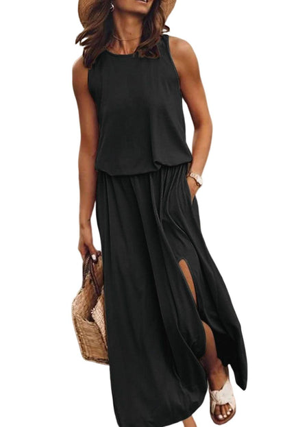 Black Solid Sleeveless Tunic Maxi Dress with Split - L & M Kee, LLC