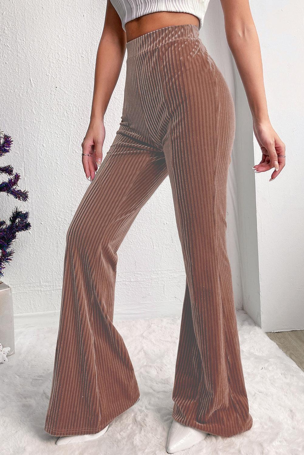 Chestnut Solid Color High Waist Flare Corduroy Pants - L & M Kee, LLC